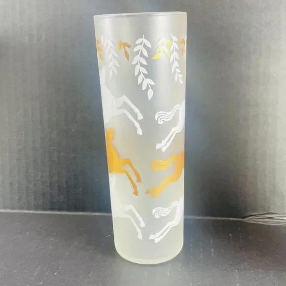 VTG Libbey CAVALCADE Collins Glasses Lot of 6 Prancing Horses Frosted Gold MCM - Picture 5 of 9